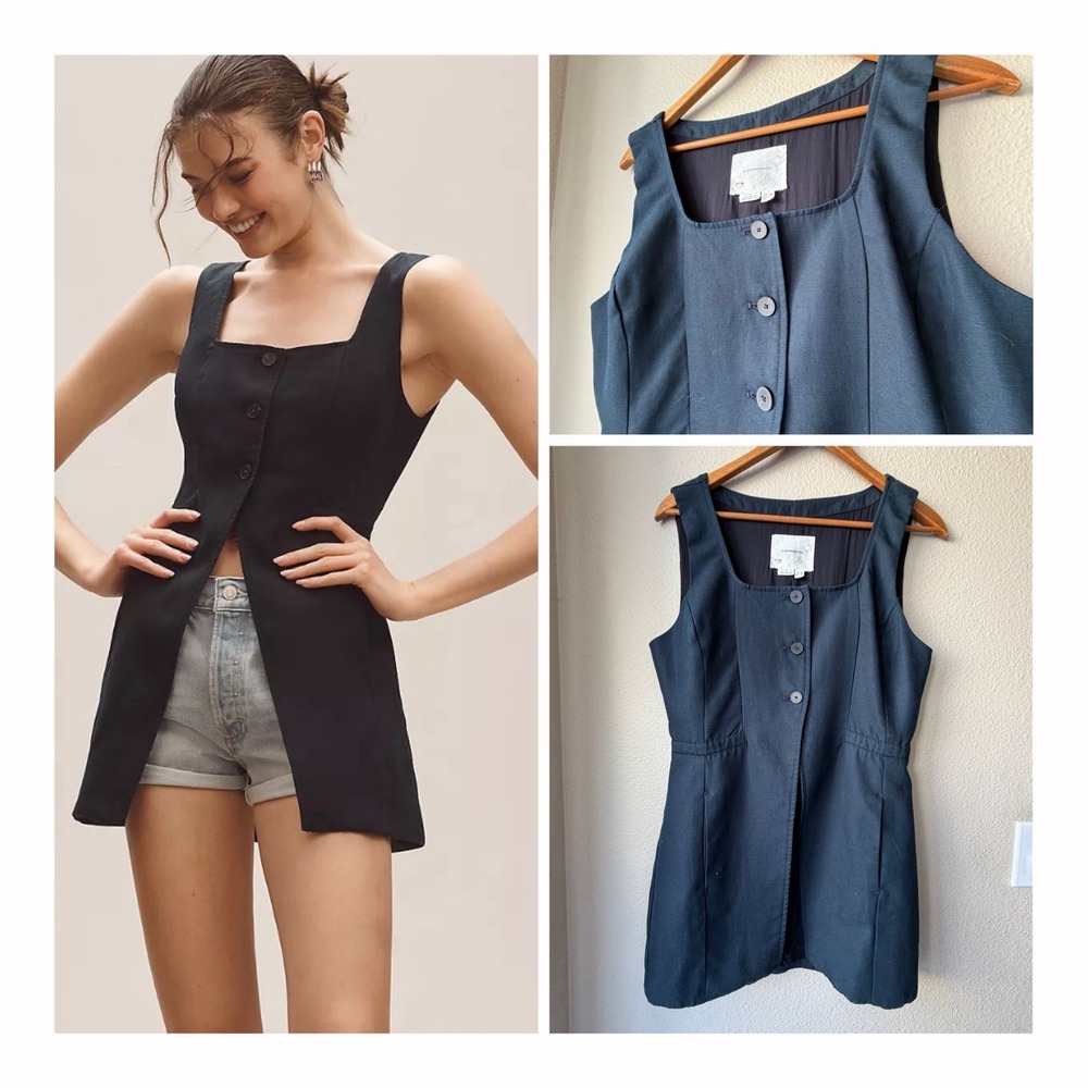 By Anthropologie Linen Longline Cut-Away Vest Navy Dress Size 6 Tailored Tencel